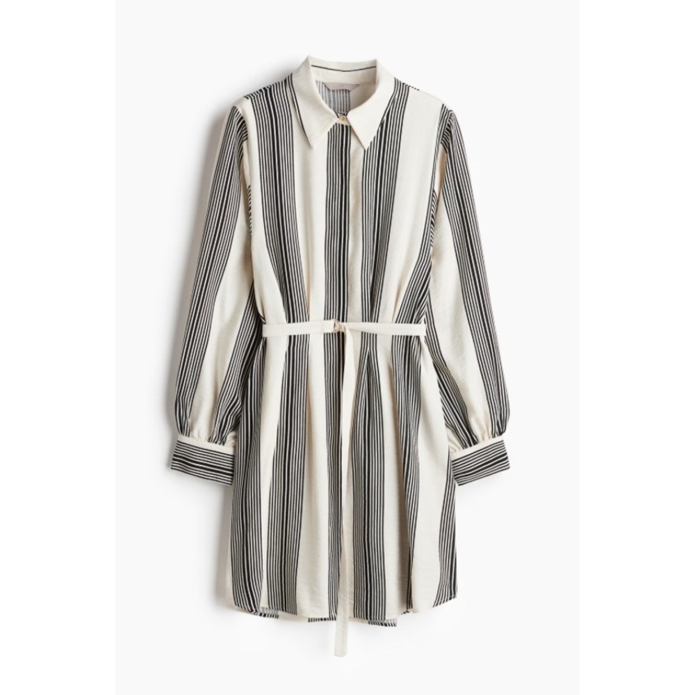 H&M Striped Long Sleeve Shirt Dress Black Cream Small Concealed Button Front